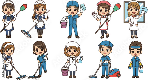 Cartoon cleaners with cleaning supplies work. Housekeeping, service, janitorial, chores, hygiene, cleanliness, sanitation, tidiness, housekeeping jobs.