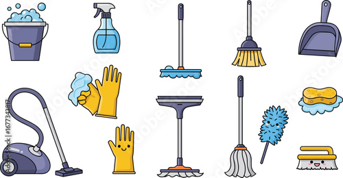 Cartoon cleaning equipment on white. Housekeeping, hygiene, domestic, housework, supplies, tools, disinfection, cleanliness, household, clean