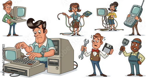 Cartoon characters interact with retro tech. Humor tech support, vintage devices, computer, customer service, technician, help, technology, old, retro, illustration
