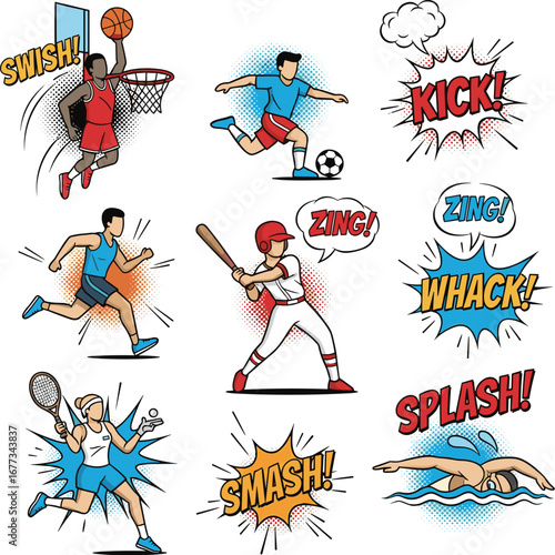Sports athletes play with comic book style sound effects. Action, activity, teamwork, competition, exercise, fitness, recreation, workout, game.