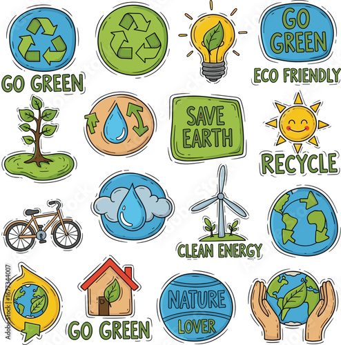 Hand-drawn eco-friendly icons show green earth. Recycling, renewable energy, nature lover, save earth, clean energy, eco friendly, go green message.