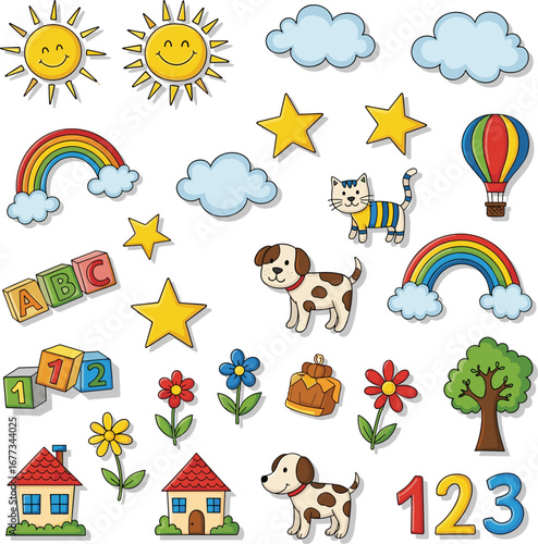 Cartoon illustration with sun, clouds, and rainbow. Whimsical art, bright colors, cute design, playful, childish, cheerful, nursery, education, kindergarten.