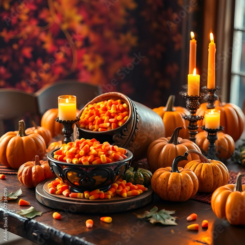 Autumnal Halloween Table Setting: Pumpkins, Candy Corn, and Candles
