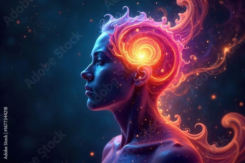 Intricate, glowing ethereal form swirling with vibrant colors, representing the multifaceted nature of a soul's personality A mystical and artistic depiction of inner self , inner self, mystical