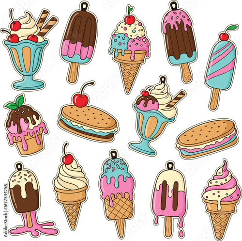 Various ice cream treats and desserts are arranged. Summer food, sweetness, desserts, sweets, summer treats, food, ice cream, cones, frozen, delicious.
