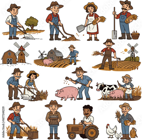 Farmers do their chores on the farm. Agriculture, farming, harvest, livestock, windmill, farm, animals, barn, fields