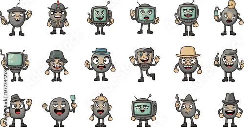 Cartoon characters in various poses. Whimsical creatures, animation, fun, fantasy, humor, expressions, comic, creative, illustration