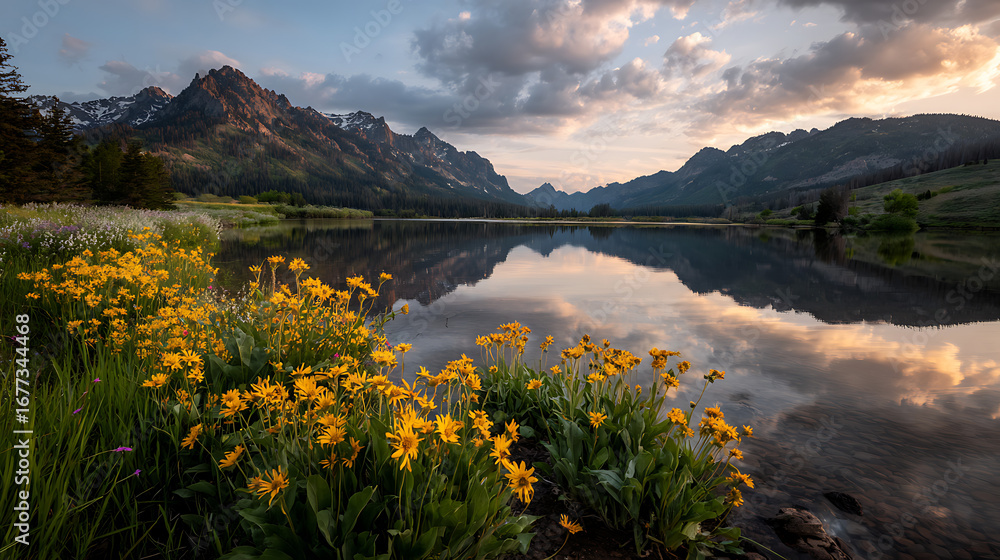 Naklejka premium a serene nature retreat with yellow flowers soft sunset sky calm lake and mountain reflection representing peaceful outdoor travel beauty relaxation and scenic wilderness escape