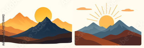 Majestic mountains and rising sun create a stunning sunrise landscape in warm hues of orange and blue