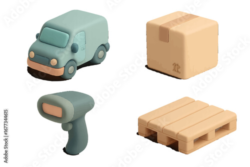 Colorful toy logistics items including a truck, box, scanner, and pallet arranged on a white background for playful learning