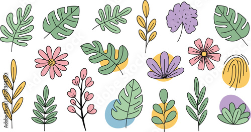 Botanical illustration with colorful leaves and flowers. Nature drawing, doodle design, plants, floral, springtime, organic