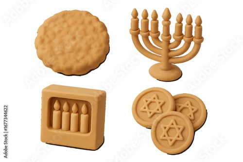 Decorative items representing Jewish traditions with menorah, candles, and Star of David for celebration events