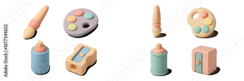 Artistic play tools displayed on a clean surface designed for creative activities and children's learning