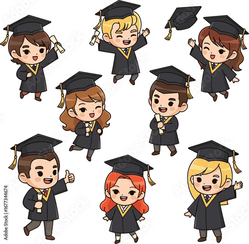 Cartoon graduates celebrate with diplomas. School graduation, happy students, academic success, achievement, education, graduation cap, ceremony, celebration