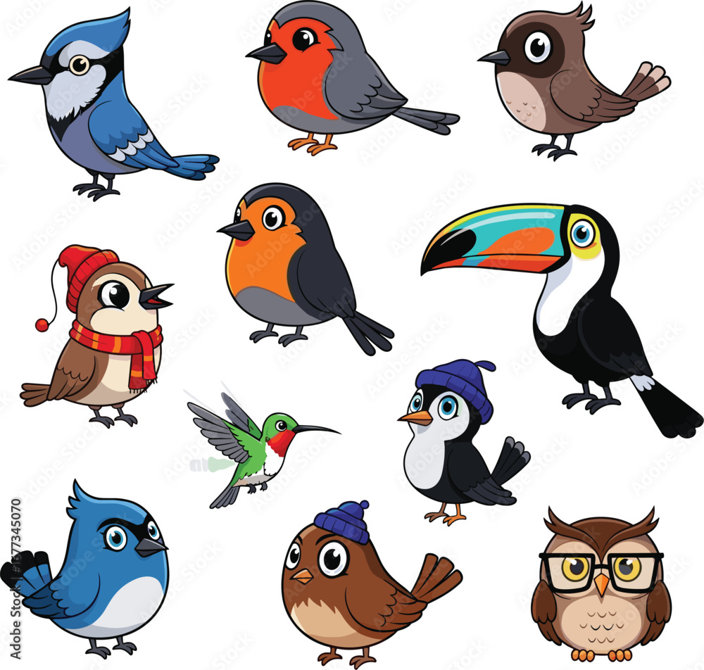 Obraz premium Cartoon birds, various cute species. Wildlife, ornithology, avian diversity, colorful, whimsical, playful, animal illustration, nature, birds, fauna
