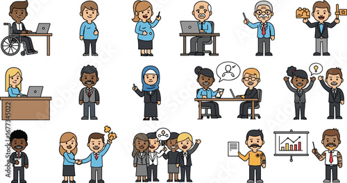 Diverse professionals collaborating in various business settings. Teamwork, collaboration, workplace, diversity, inclusion, business, office, management