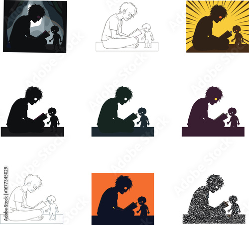 Zombie reading book to child in various styles, eerie dark silhouettes, horror storytelling, supernatural family bond, spooky gothic illustrations