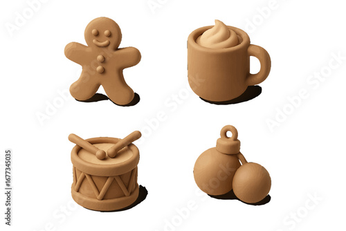 Festive holiday-themed decorations featuring a gingerbread man, coffee cup, drum, and ornaments in a joyful arrangement