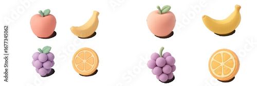 Colorful fruit display featuring playful miniatures of apples, bananas, grapes, and oranges created for a fun design concept