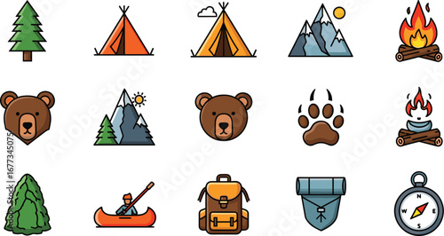 Camping icons, adventure outdoors. Nature, camping, travel, wilderness, bear, tent, mountain, fire, trees, canoe