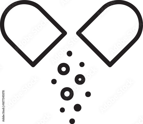 Single capsule splitting into two halves with tiny particles flying out, line icon vector icon