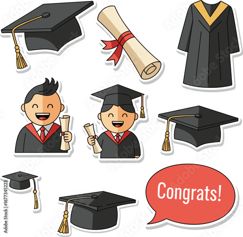 Graduation themed graphic with graduates, caps, gowns. Education success, achievement, academic, university, celebration, degree, diploma, school, congrats, vector art