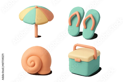 Colorful beach accessories including an umbrella, flip flops, a snail shell, and a cooler arranged in a playful layout