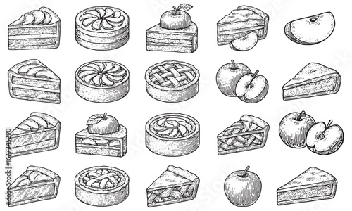Hand-Drawn Apple Pie and Cake Dessert Illustration Collection for Baking Art