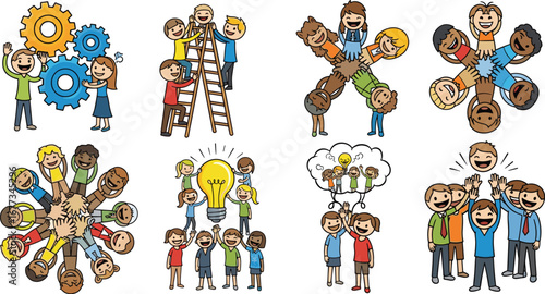 Cartoon people cooperate and collaborate on projects. Teamwork, support, brainstorming, success, community, cooperation, connection, idea, achievement.
