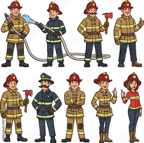 Cartoon firefighters pose in various stances. Emergency service, safety, hero, occupation, uniform, teamwork, profession, firefighter, illustration