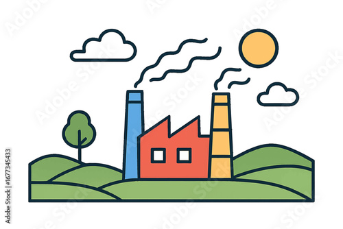 Factory producing goods surrounded by hills and trees under a sunny sky