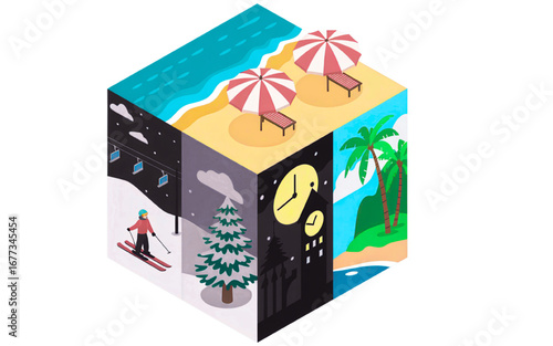 Explore the world Travel destinations Vacation spots in a cubical design Summer winter tropical