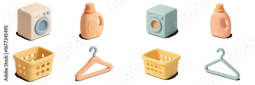 Colorful toy laundry set including washing machine, detergent, and baskets for imaginative playtime fun