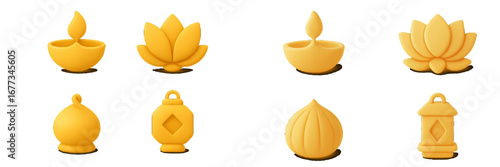 Decorative yellow candle holders and symbols arranged in various shapes, showcasing creativity and design