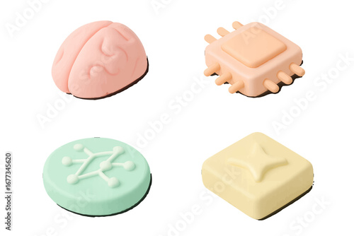 Colorful silicone molds shaped like brain, microchip, and geometric patterns for creative baking and crafts