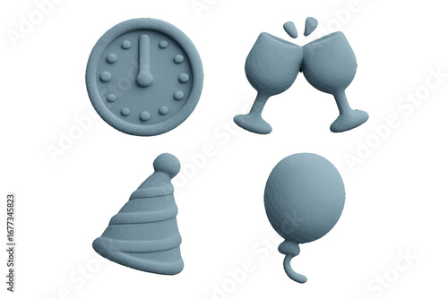 Decorative party elements featuring a clock, champagne glasses, a party hat, and a balloon for celebration themes