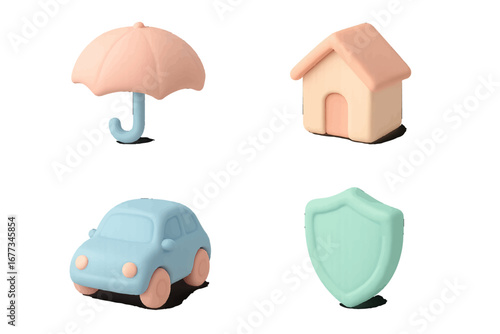 Colorful toy figures representing safety items and a vehicle arranged on a plain background in a playful display of design and imagination