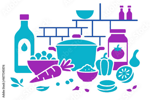 Colorful kitchen ingredients and utensils arranged on a countertop for a vibrant cooking experience during midday meal preparation