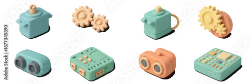Colorful and playful mechanical objects arranged on a light background for a modern design theme