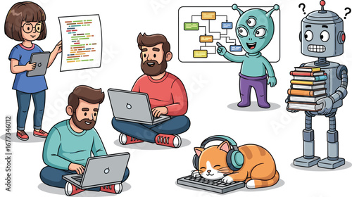 Team of programmers, cat, alien, and robot working together. Tech workers, coding, development, software, education, teamwork, learning, ai, artificial intelligence