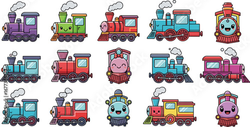 Cartoon trains illustration with smiling faces. Fun, cute, railway, locomotive, steam, vehicle, transportation, happy, cheerful, kids, childish.