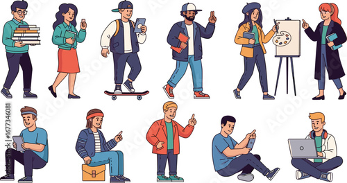 Diverse group of young adults engage in various activities. Lifestyle, generation, creativity, communication, learning, students, technology, education, hobby.