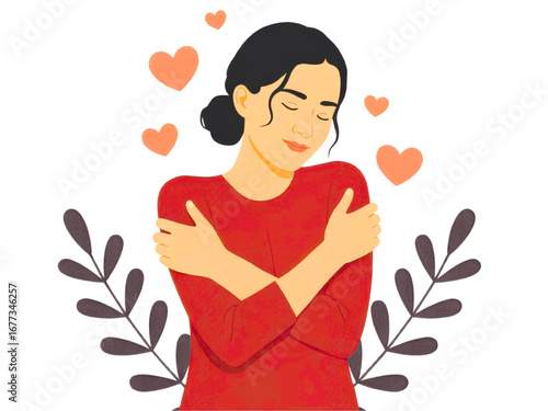 Expressive woman embraces herself surrounded by love hearts in a self-care vector art graphic