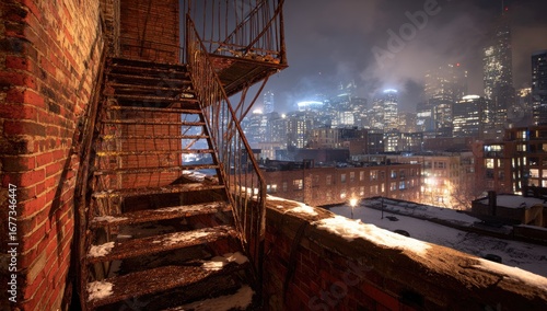 Rusty fire escape stairs on a snow-dusted rooftop at night, overlooking a city skyline shrouded in fog