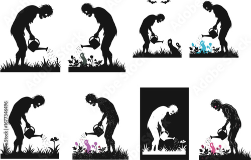 Zombie watering glowing plants, dark horror scene, undead silhouette, eerie garden, supernatural growth, creepy fantasy art, surreal nature illustration