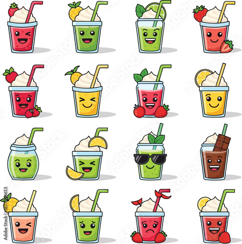 Cute smoothies with faces and toppings. Cartoon beverages, summer drinks, happy food, healthy eating, fruit, fun