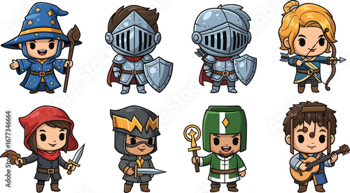 Cartoon characters in fantasy roles stand together. Medieval, rpg, wizard, knight, archer, rogue, cleric, bard, fairytale, adventure, fantasy, hero, funny, cute