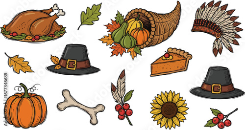 Thanksgiving icons in a festive holiday design. Food, autumn harvest, fall celebration, symbols of plenty, traditional, cornucopia, turkey, pumpkin pie, pilgrim hat, native headdress