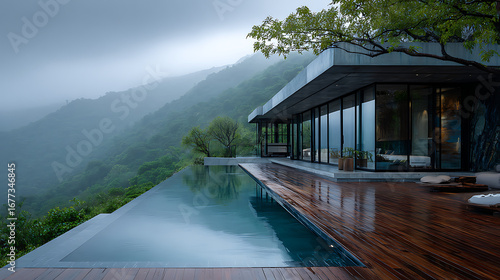 dream villa in misty mountain retreat with infinity pool sleek architecture wooden deck and glass design representing stylish home lifestyle luxury property and vacation escape