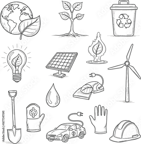 Environment and ecology line art icons. Sustainable living, green energy, recycling, earth, nature, eco-friendly solutions, renewable resources, conservation.